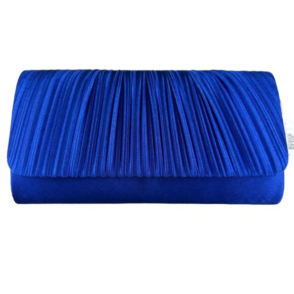 Royal Blue Ruched Satin Detail Flap Square Shiny Clutch Women's Bag Elegant - Picture 1 of 11